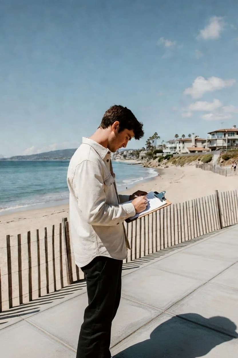 Writing up a free exterior cleaning estimate beside the beach in Orange County