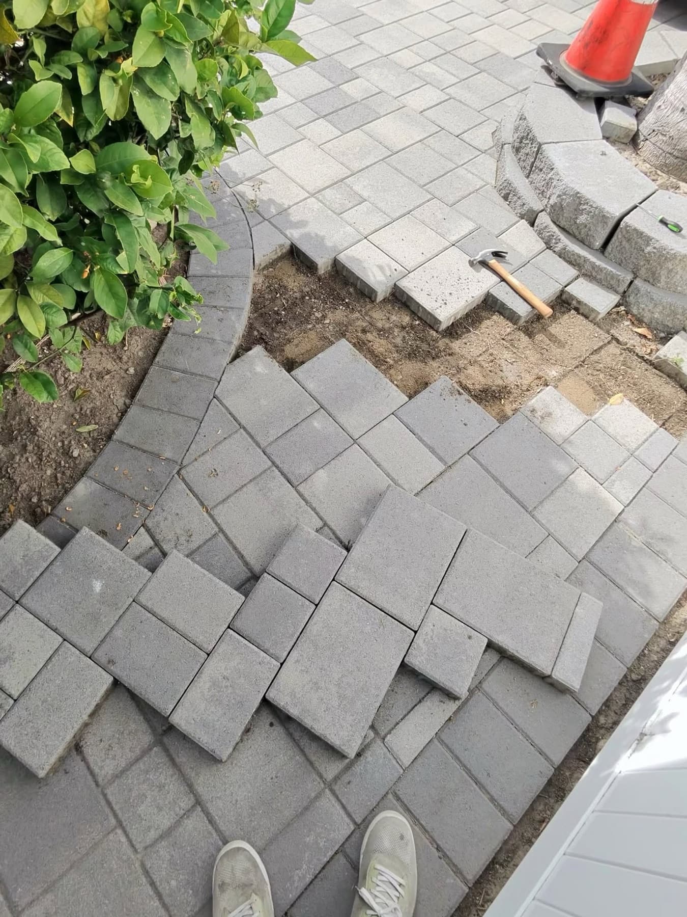Paver restoration in progress in Huntington Beach, pavers lifted and re-laid over a fresh sand base