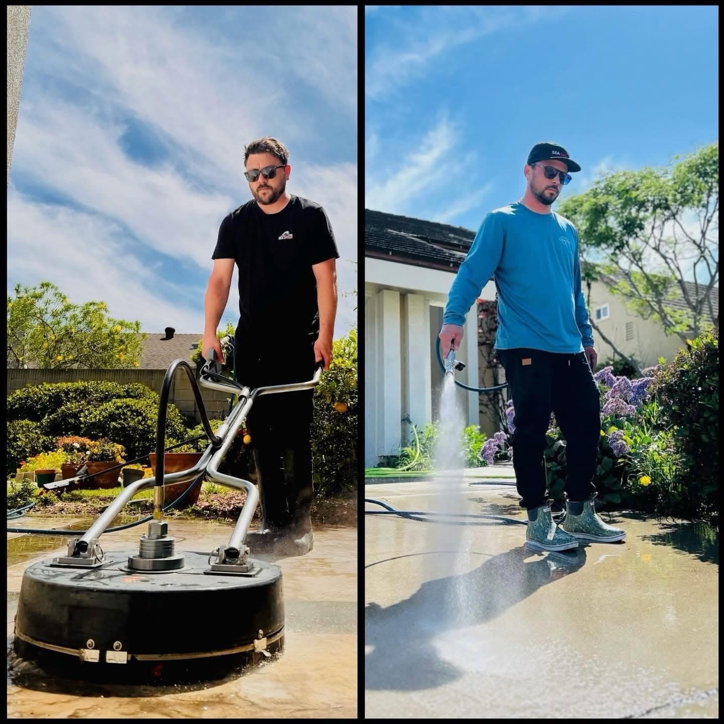 Sea Spray Pros crew in branded gear pressure washing a residential driveway in Huntington Beach